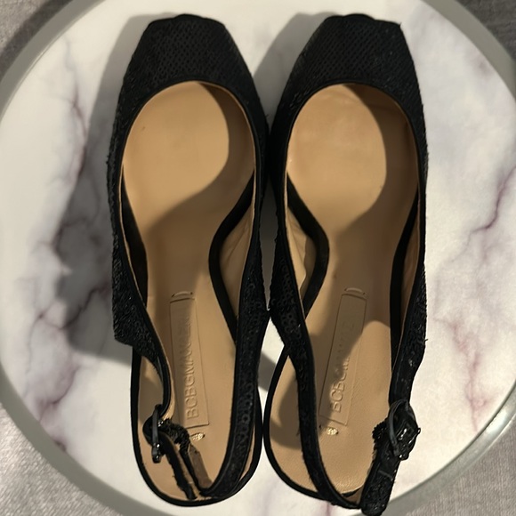 BCBG heels - black sequin slingback platform shoes peep toe size 8.5. Stiletto - Picture 17 of 17